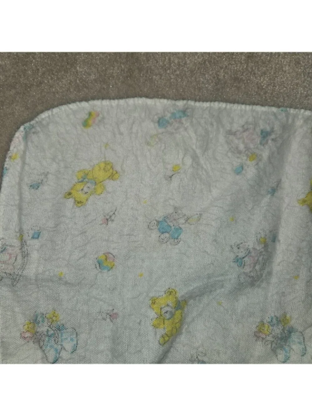 VTG Receiving Blanket 23x31 Blue Yellow Bear Bootie Wagon Ball Rocking Horse